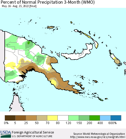 Papua New Guinea Percent of Normal Precipitation 3-Month (WMO) Thematic Map For 5/16/2022 - 8/15/2022