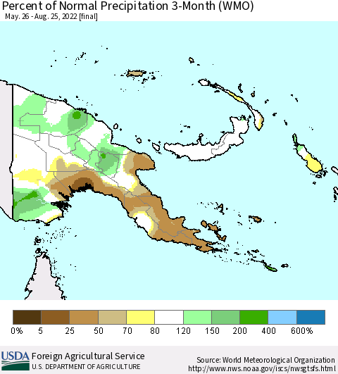 Papua New Guinea Percent of Normal Precipitation 3-Month (WMO) Thematic Map For 5/26/2022 - 8/25/2022
