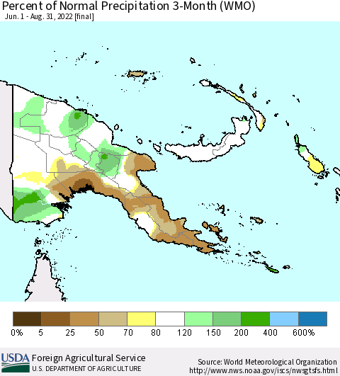 Papua New Guinea Percent of Normal Precipitation 3-Month (WMO) Thematic Map For 6/1/2022 - 8/31/2022