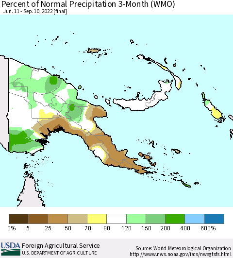 Papua New Guinea Percent of Normal Precipitation 3-Month (WMO) Thematic Map For 6/11/2022 - 9/10/2022