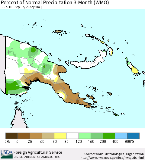 Papua New Guinea Percent of Normal Precipitation 3-Month (WMO) Thematic Map For 6/16/2022 - 9/15/2022