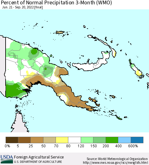 Papua New Guinea Percent of Normal Precipitation 3-Month (WMO) Thematic Map For 6/21/2022 - 9/20/2022
