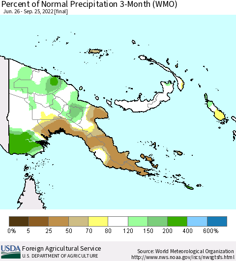 Papua New Guinea Percent of Normal Precipitation 3-Month (WMO) Thematic Map For 6/26/2022 - 9/25/2022