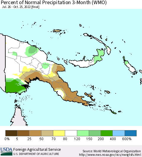 Papua New Guinea Percent of Normal Precipitation 3-Month (WMO) Thematic Map For 7/26/2022 - 10/25/2022