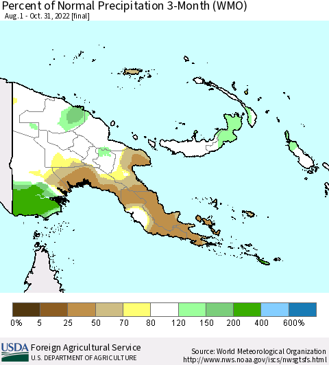 Papua New Guinea Percent of Normal Precipitation 3-Month (WMO) Thematic Map For 8/1/2022 - 10/31/2022