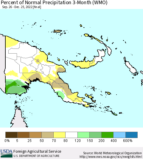 Papua New Guinea Percent of Normal Precipitation 3-Month (WMO) Thematic Map For 9/26/2022 - 12/25/2022