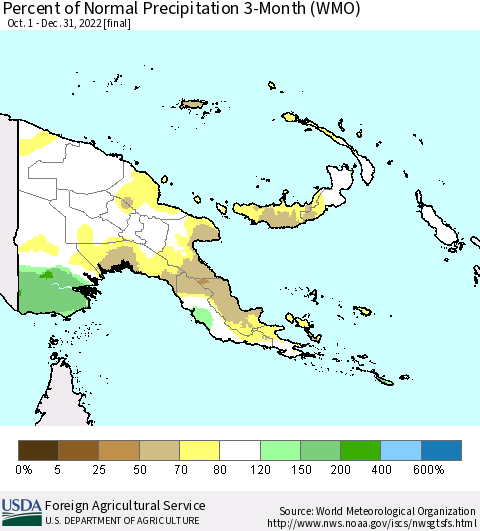 Papua New Guinea Percent of Normal Precipitation 3-Month (WMO) Thematic Map For 10/1/2022 - 12/31/2022
