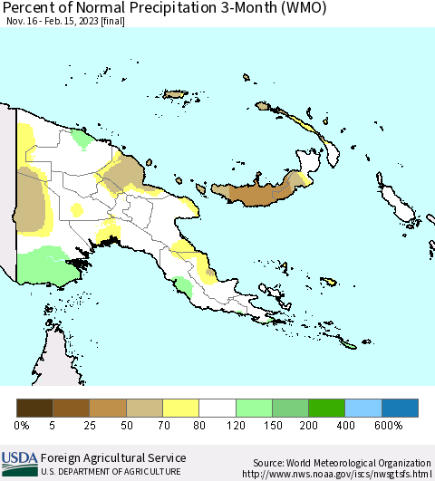 Papua New Guinea Percent of Normal Precipitation 3-Month (WMO) Thematic Map For 11/16/2022 - 2/15/2023