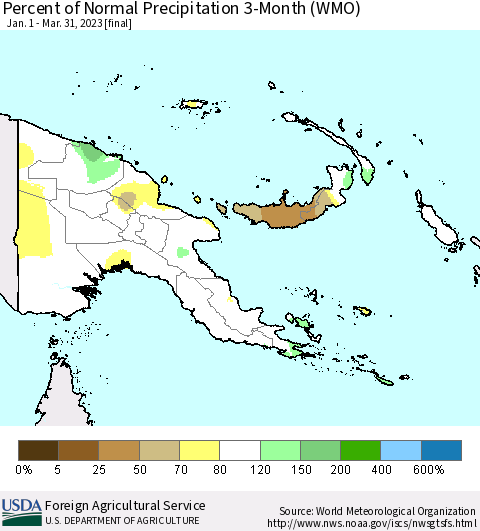 Papua New Guinea Percent of Normal Precipitation 3-Month (WMO) Thematic Map For 1/1/2023 - 3/31/2023