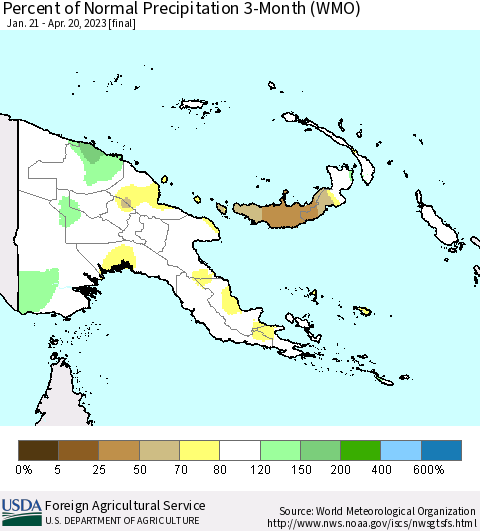 Papua New Guinea Percent of Normal Precipitation 3-Month (WMO) Thematic Map For 1/21/2023 - 4/20/2023