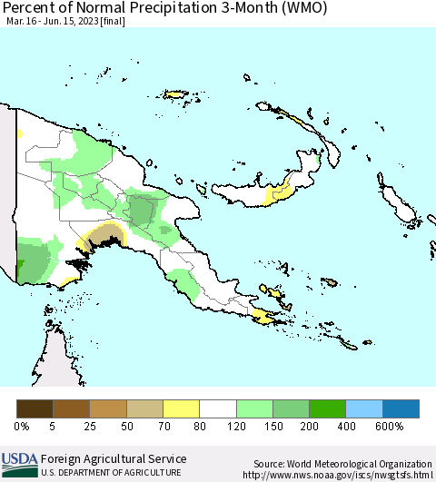 Papua New Guinea Percent of Normal Precipitation 3-Month (WMO) Thematic Map For 3/16/2023 - 6/15/2023