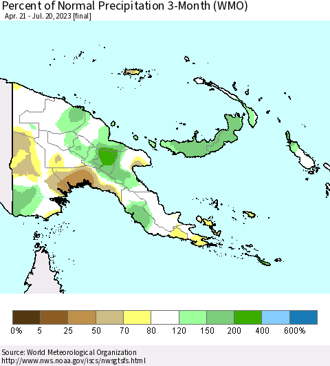 Papua New Guinea Percent of Normal Precipitation 3-Month (WMO) Thematic Map For 4/21/2023 - 7/20/2023