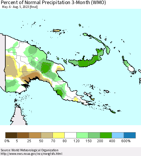 Papua New Guinea Percent of Normal Precipitation 3-Month (WMO) Thematic Map For 5/6/2023 - 8/5/2023