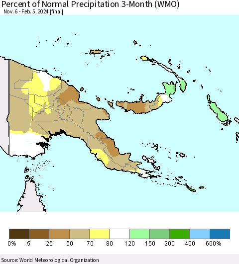 Papua New Guinea Percent of Normal Precipitation 3-Month (WMO) Thematic Map For 11/6/2023 - 2/5/2024