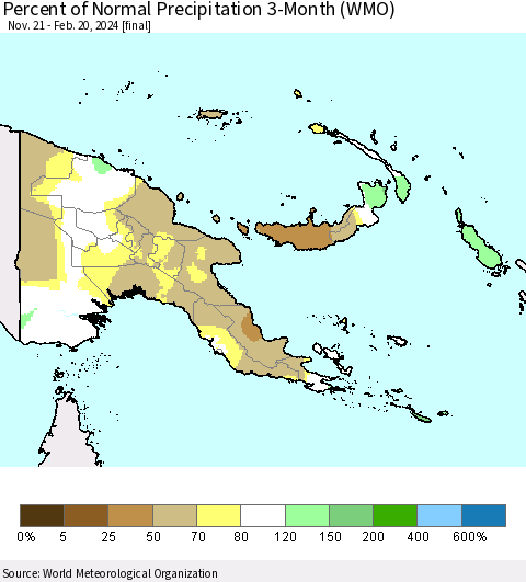 Papua New Guinea Percent of Normal Precipitation 3-Month (WMO) Thematic Map For 11/21/2023 - 2/20/2024