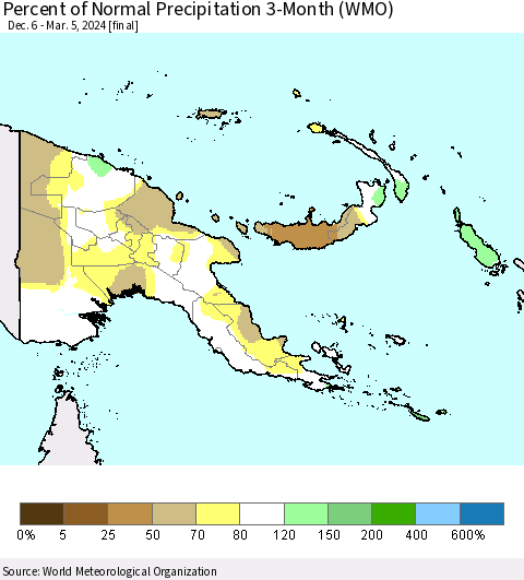 Papua New Guinea Percent of Normal Precipitation 3-Month (WMO) Thematic Map For 12/6/2023 - 3/5/2024