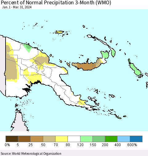 Papua New Guinea Percent of Normal Precipitation 3-Month (WMO) Thematic Map For 1/1/2024 - 3/31/2024