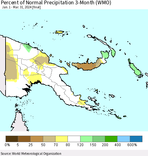 Papua New Guinea Percent of Normal Precipitation 3-Month (WMO) Thematic Map For 1/1/2024 - 3/31/2024