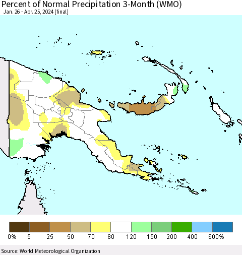 Papua New Guinea Percent of Normal Precipitation 3-Month (WMO) Thematic Map For 1/26/2024 - 4/25/2024