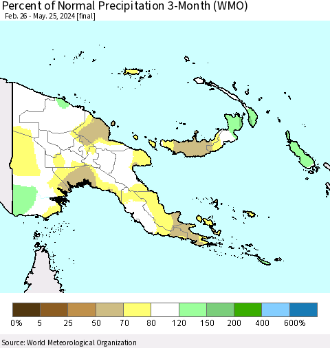 Papua New Guinea Percent of Normal Precipitation 3-Month (WMO) Thematic Map For 2/26/2024 - 5/25/2024