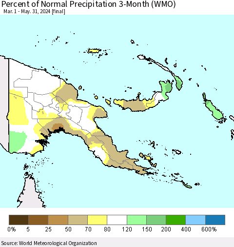Papua New Guinea Percent of Normal Precipitation 3-Month (WMO) Thematic Map For 3/1/2024 - 5/31/2024
