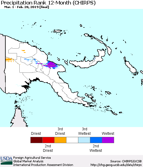 Papua New Guinea Precipitation Rank since 1981, 12-Month (CHIRPS) Thematic Map For 3/1/2018 - 2/28/2019