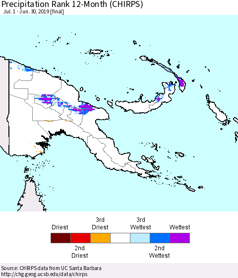 Papua New Guinea Precipitation Rank since 1981, 12-Month (CHIRPS) Thematic Map For 7/1/2018 - 6/30/2019