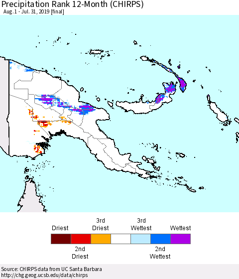 Papua New Guinea Precipitation Rank since 1981, 12-Month (CHIRPS) Thematic Map For 8/1/2018 - 7/31/2019