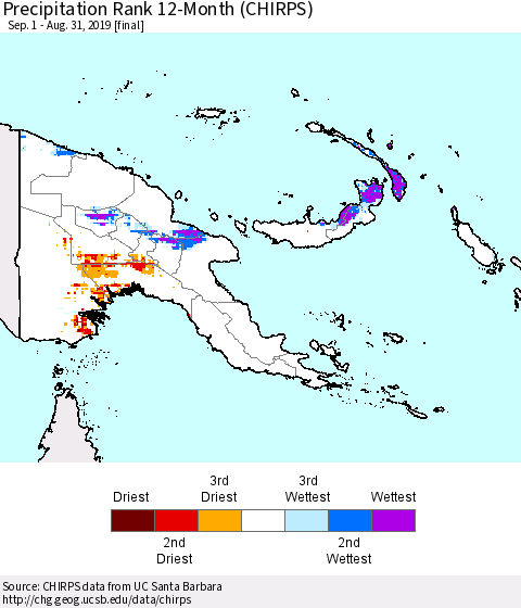 Papua New Guinea Precipitation Rank since 1981, 12-Month (CHIRPS) Thematic Map For 9/1/2018 - 8/31/2019