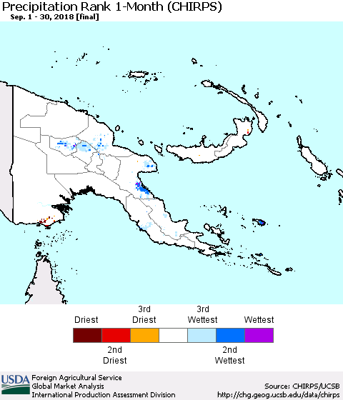 Papua New Guinea Precipitation Rank since 1981, 1-Month (CHIRPS) Thematic Map For 9/1/2018 - 9/30/2018