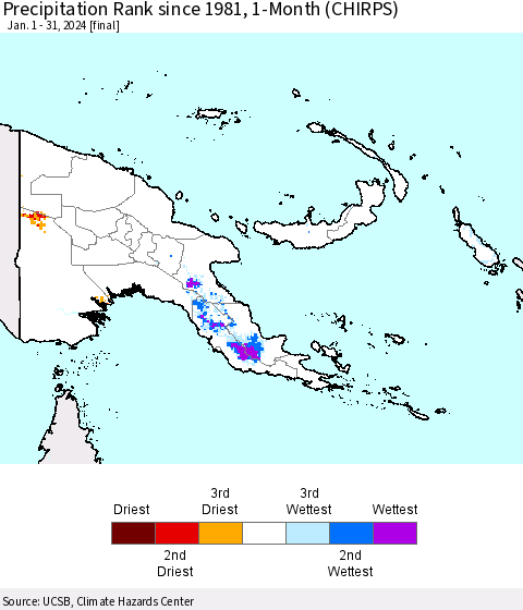 Papua New Guinea Precipitation Rank since 1981, 1-Month (CHIRPS) Thematic Map For 1/1/2024 - 1/31/2024