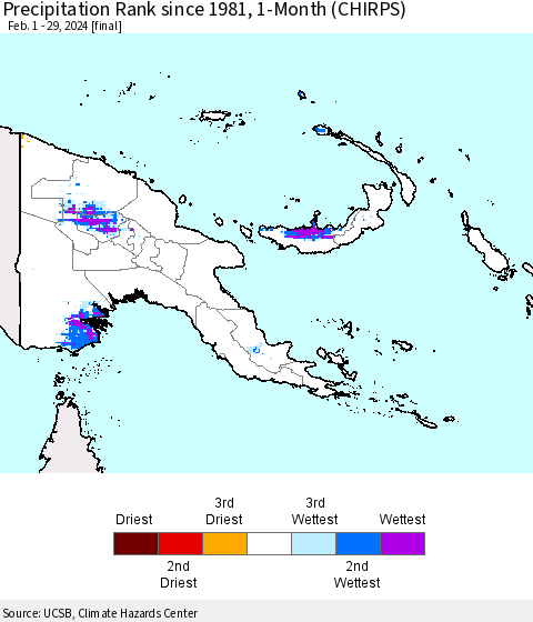 Papua New Guinea Precipitation Rank since 1981, 1-Month (CHIRPS) Thematic Map For 2/1/2024 - 2/29/2024