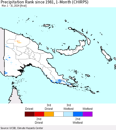 Papua New Guinea Precipitation Rank since 1981, 1-Month (CHIRPS) Thematic Map For 3/1/2024 - 3/31/2024