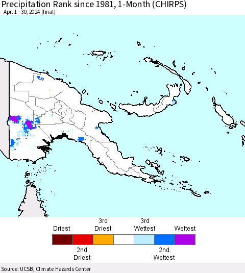 Papua New Guinea Precipitation Rank since 1981, 1-Month (CHIRPS) Thematic Map For 4/1/2024 - 4/30/2024