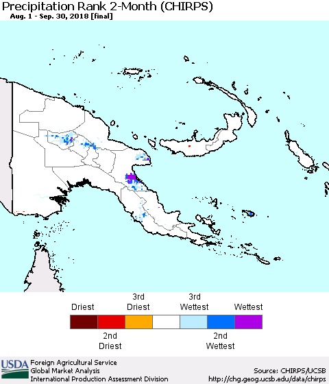 Papua New Guinea Precipitation Rank since 1981, 2-Month (CHIRPS) Thematic Map For 8/1/2018 - 9/30/2018