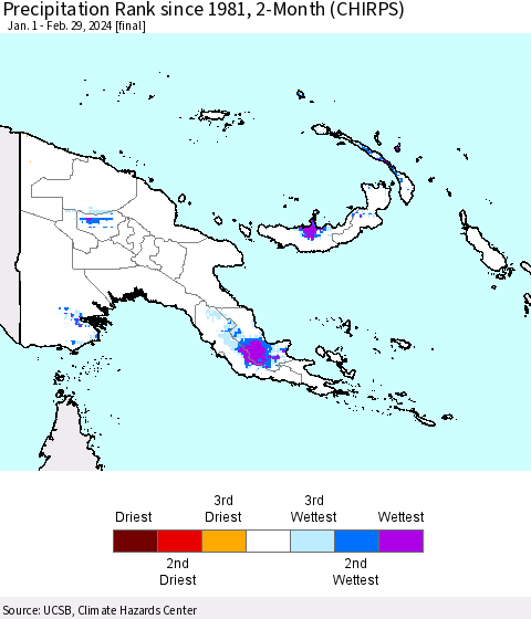 Papua New Guinea Precipitation Rank since 1981, 2-Month (CHIRPS) Thematic Map For 1/1/2024 - 2/29/2024