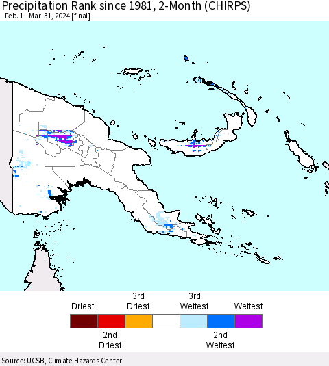 Papua New Guinea Precipitation Rank since 1981, 2-Month (CHIRPS) Thematic Map For 2/1/2024 - 3/31/2024