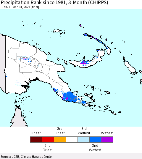 Papua New Guinea Precipitation Rank since 1981, 3-Month (CHIRPS) Thematic Map For 1/1/2024 - 3/31/2024