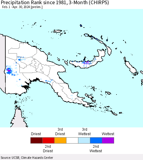 Papua New Guinea Precipitation Rank since 1981, 3-Month (CHIRPS) Thematic Map For 2/1/2024 - 4/30/2024
