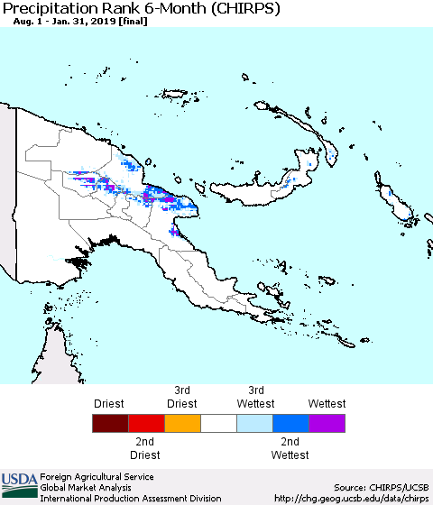 Papua New Guinea Precipitation Rank since 1981, 6-Month (CHIRPS) Thematic Map For 8/1/2018 - 1/31/2019