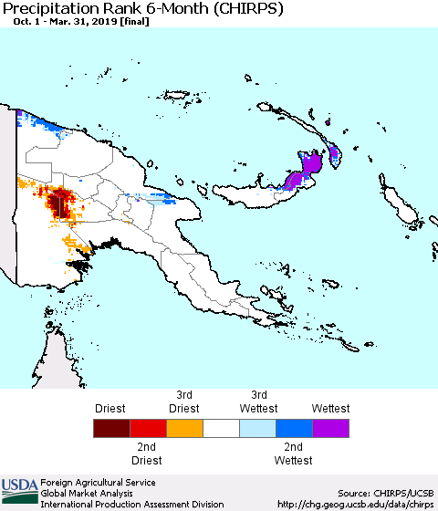 Papua New Guinea Precipitation Rank since 1981, 6-Month (CHIRPS) Thematic Map For 10/1/2018 - 3/31/2019