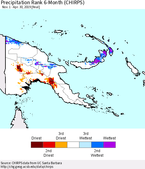 Papua New Guinea Precipitation Rank since 1981, 6-Month (CHIRPS) Thematic Map For 11/1/2018 - 4/30/2019
