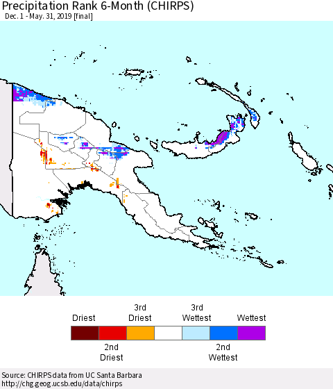 Papua New Guinea Precipitation Rank since 1981, 6-Month (CHIRPS) Thematic Map For 12/1/2018 - 5/31/2019