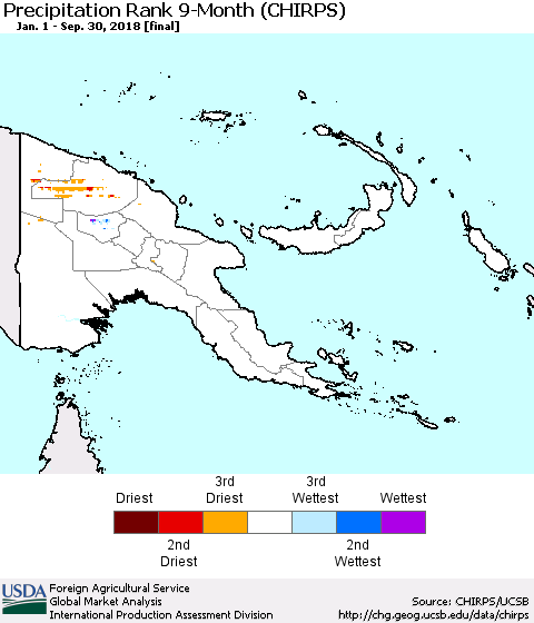 Papua New Guinea Precipitation Rank since 1981, 9-Month (CHIRPS) Thematic Map For 1/1/2018 - 9/30/2018