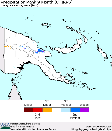 Papua New Guinea Precipitation Rank since 1981, 9-Month (CHIRPS) Thematic Map For 5/1/2018 - 1/31/2019
