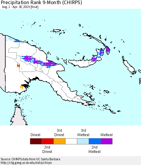 Papua New Guinea Precipitation Rank since 1981, 9-Month (CHIRPS) Thematic Map For 8/1/2018 - 4/30/2019