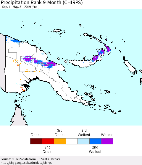 Papua New Guinea Precipitation Rank since 1981, 9-Month (CHIRPS) Thematic Map For 9/1/2018 - 5/31/2019