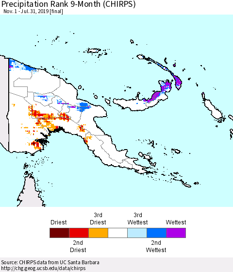 Papua New Guinea Precipitation Rank since 1981, 9-Month (CHIRPS) Thematic Map For 11/1/2018 - 7/31/2019