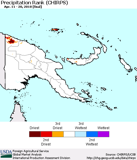 Papua New Guinea Precipitation Rank since 1981 (CHIRPS) Thematic Map For 4/11/2018 - 4/20/2018