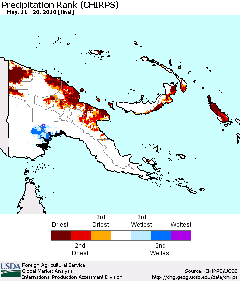 Papua New Guinea Precipitation Rank since 1981 (CHIRPS) Thematic Map For 5/11/2018 - 5/20/2018